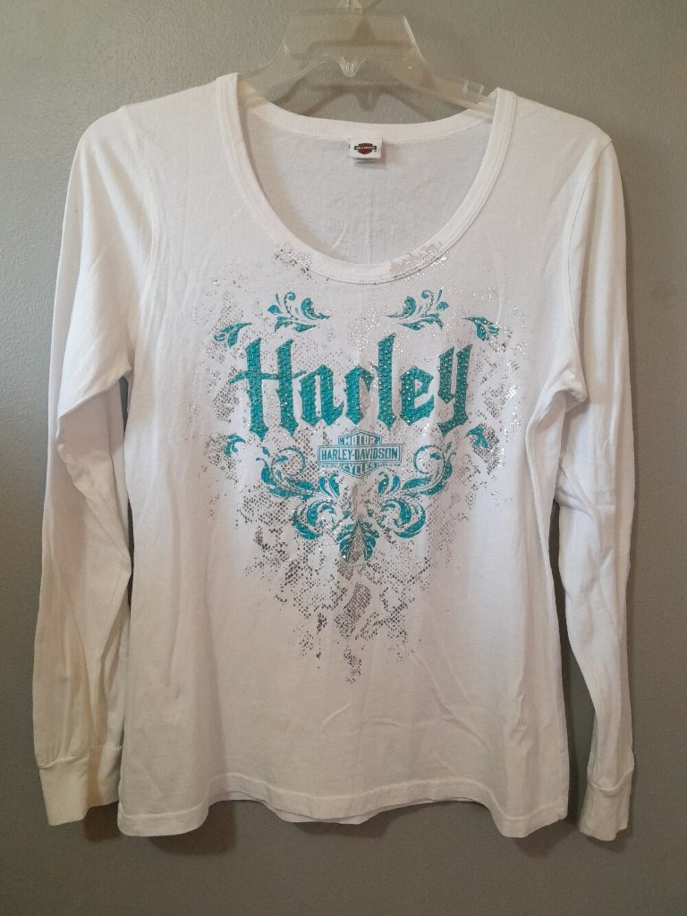 Harley Davidson San Jacinto White Long Sleeve Tee Shirt Teal Letters and Jewels